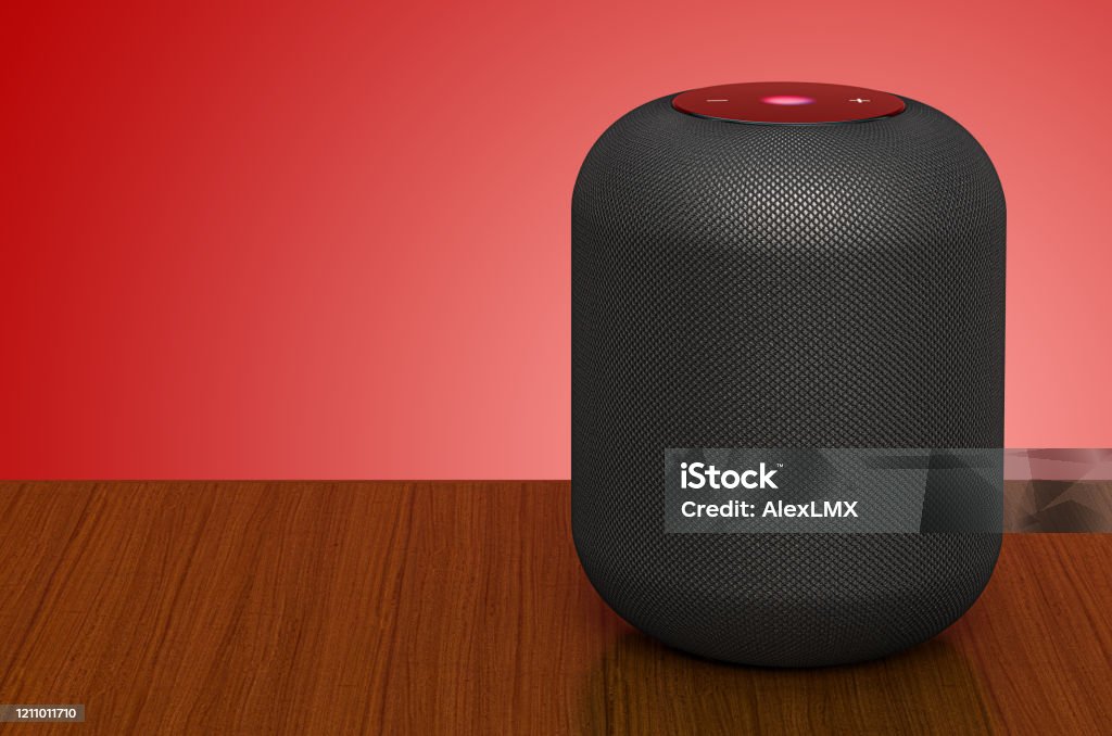 Smart Speaker on the wooden desk, 3D rendering Smart Speaker Stock Photo