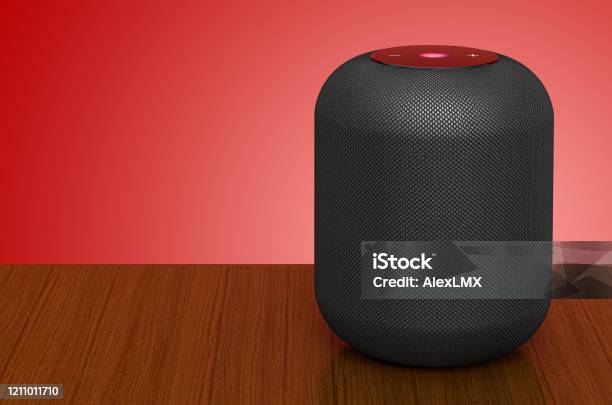 Smart Speaker On The Wooden Desk 3d Rendering Stock Photo - Download Image Now - Smart Speaker, Three Dimensional, Appliance