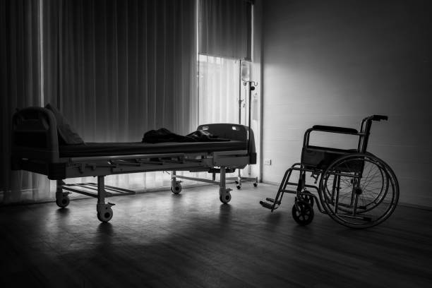 Black and white images in a depressed atmosphere, wards that have only beds and wheelchairs without sick people stock photo