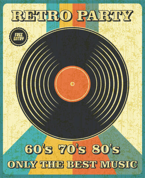 retro-musik und vintage vinyl schallplatte poster im retro desigh stil. disco party 60er, 70er, 80er jahre. - party frock stock-grafiken, -clipart, -cartoons und -symbole