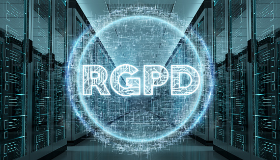 Digital GDPR interface in server room data center storage 3D rendering