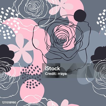 istock Floral vector pattern with hand drawn flowers 1211018980