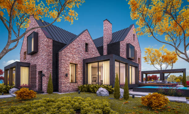 istock 3d rendering of modern clinker house on the ponds with pool in autumn evening 1211020465