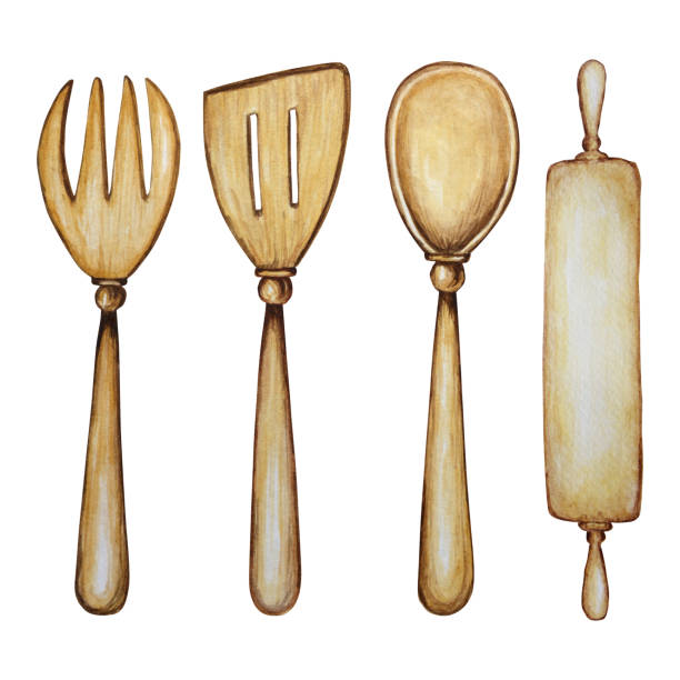 손으로 그린 나무 부엌 액세서리 는 흰색 배경에 고립 된 수채화 그림을 굽기 위해 설정합니다. 그것은 요리 시간입니다. 베이킹 도구. 숟가락, 주걱, 포크, 반죽을위한 롤링 핀 - rolling fork stock illustrations