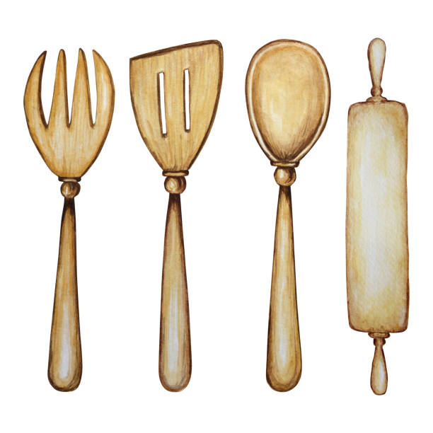 istock Hand drawn Wooden Kitchen accessories set for baking watercolor illustration, isolated on white background. It's cooking time. Baking tools. Spoon, spatula, fork, rolling pin for dough 1211022778