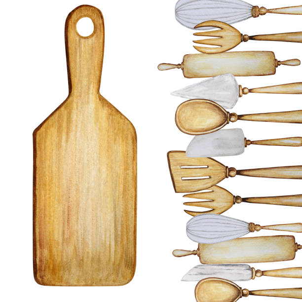 istock Hand drawn Wooden Kitchen accessories frame for baking watercolor illustration frame on white background. Cooking time poster, banner concept. Tools Spoon, spatula, fork, rolling pin, knife, board 1211022782