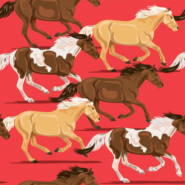 illustrazioni stock, clip art, cartoni animati e icone di tendenza di wild horses modello senza cuciture - horse running vector animals in the wild