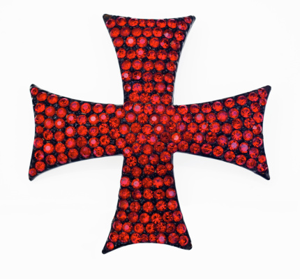 Vintage enamel Iron Cross brooch with red rhinestones.