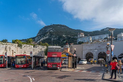 Gibraltar, UK - January 7, 2020: Red buses on the street in Gibraaltar.