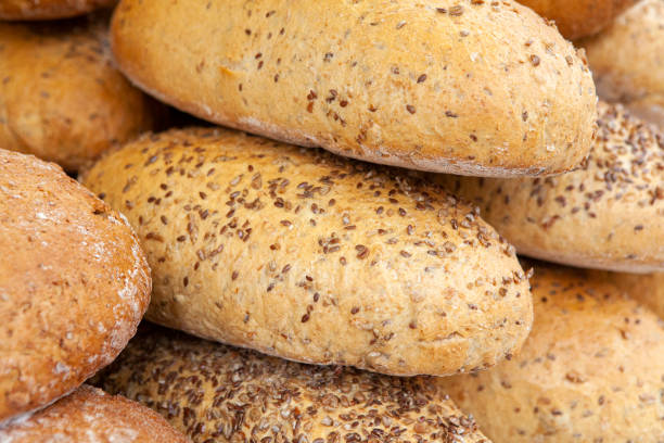 Fresh and crispy round bread on a market stall