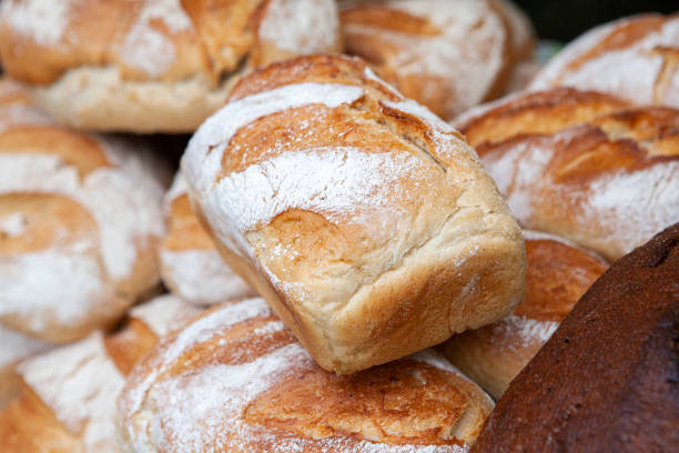 Fresh and crispy round bread on a market stall