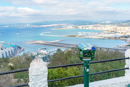 Gibraltar, UK - January 7, 2020: Binoculars telescope on observation deck for tourist.
