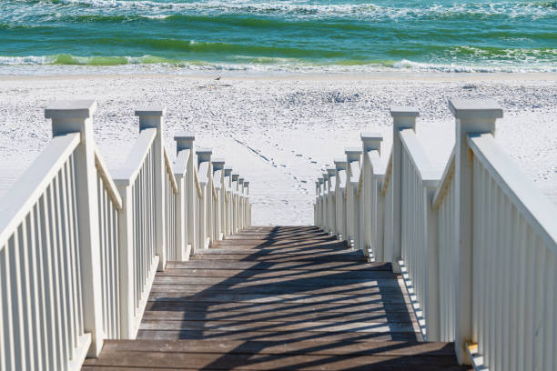 istock Seaside, Florida railing wooden stairway walkway steps looking down view of architecture by beach ocean background view down during sunny day 1211031240