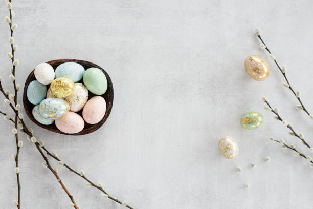 Easter eggs flat lay Flat lay of easter eggs on concrete textured background willow tree photos stock pictures, royalty-free photos & images