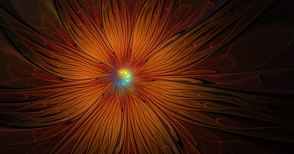Abstract flower background Illustration. Orange Fantastic pattern texture. Digital fractal art. Smooth gold Fiery blossom.