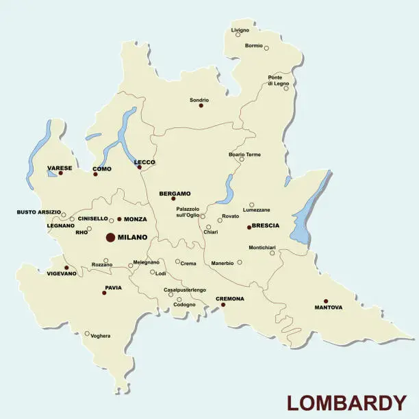 Vector illustration of Lombardy vector map with main cities, lakes and provences