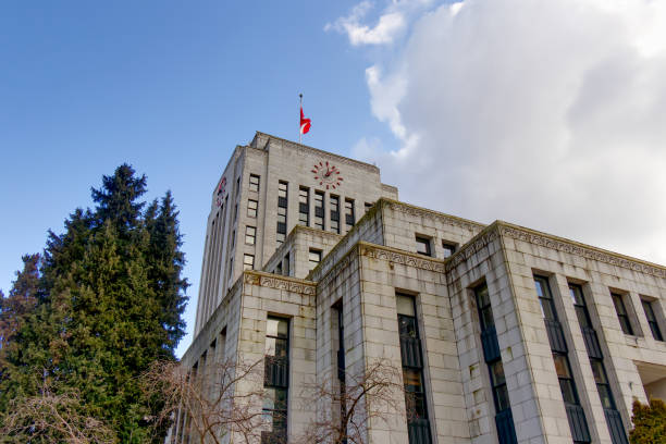 View of Vancouver City Hall Building in Downtown Vancouver at sunny day stock photo