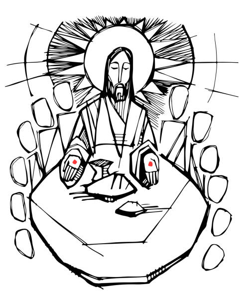 Jesus Christ and disciples at Eucharist Hand drawn vector illustration or drawing of Jesus Christ and his disciples at Eucharist communion stock illustrations