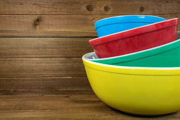 retro mixing bowls on rustic wood