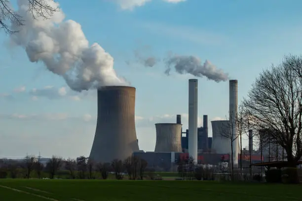 RWE coal fired power plangt Niederaußem, chimney with exhaust gases