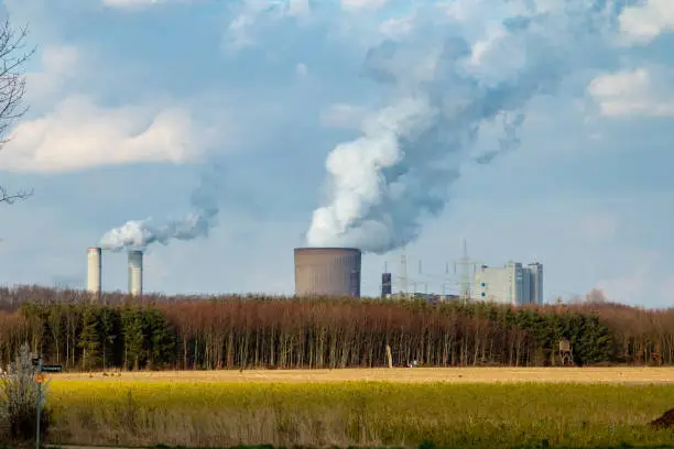 RWE coal fired power plangt Niederaußem, chimney with exhaust gases