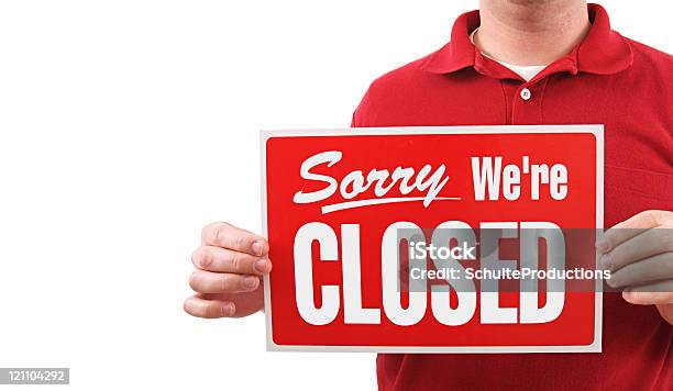 Closed Sign Man Stock Photo - Download Image Now - Market Vendor, White Background, Adult