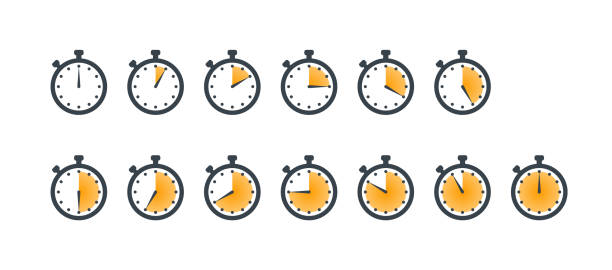 illustrazioni stock, clip art, cartoni animati e icone di tendenza di set di icone del cronometro sportivo che mostrano il tempo - lancetta dei minuti illustrazioni