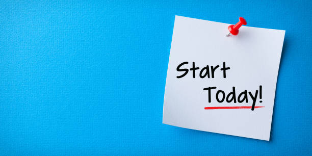 istock White Sticky Note With Start Today And Red Push Pin On Blue Background 1211055143