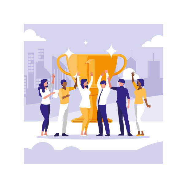 istock group of people with gold trophy, successful business team 1211055484