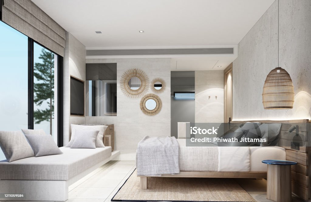 Bedroom Tropical Asian style with wooden and concrete wall 3d rendering Bedroom Stock Photo