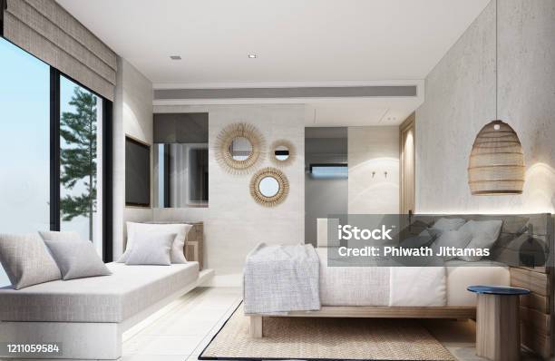 Bedroom Tropical Asian Style With Wooden And Concrete Wall 3d Rendering Stock Photo - Download Image Now