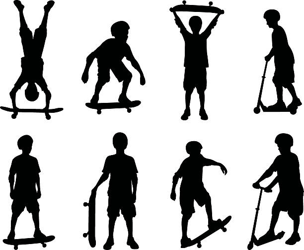 ilustrações de stock, clip art, desenhos animados e ícones de pranchas de skate e scooters - skateboarding skateboard silhouette teenager