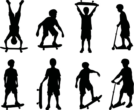 A collection of silhouettes of a kid staying active on skateboards and scooters.