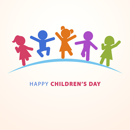 Celebrate Children's Day with multi colored five kids silhouettes dancing, jumping and running on the blue ground