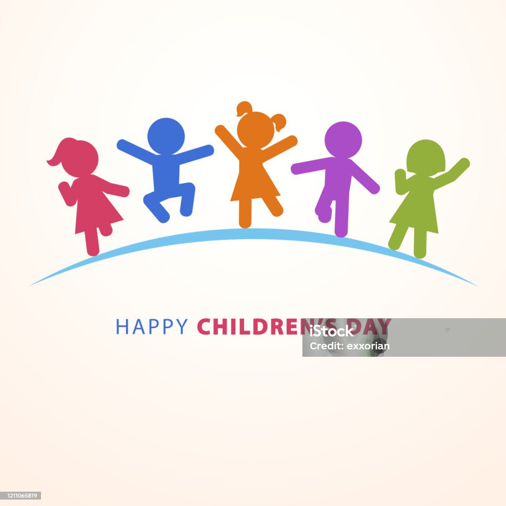 Happy Children's Day Celebrate Children's Day with multi colored five kids silhouettes dancing, jumping and running on the blue ground Child stock vector