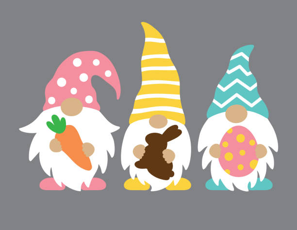illustrazioni stock, clip art, cartoni animati e icone di tendenza di carino tre gnomi di pasqua con uovo di pasqua, carota, e coniglietto al cioccolato - gnomo
