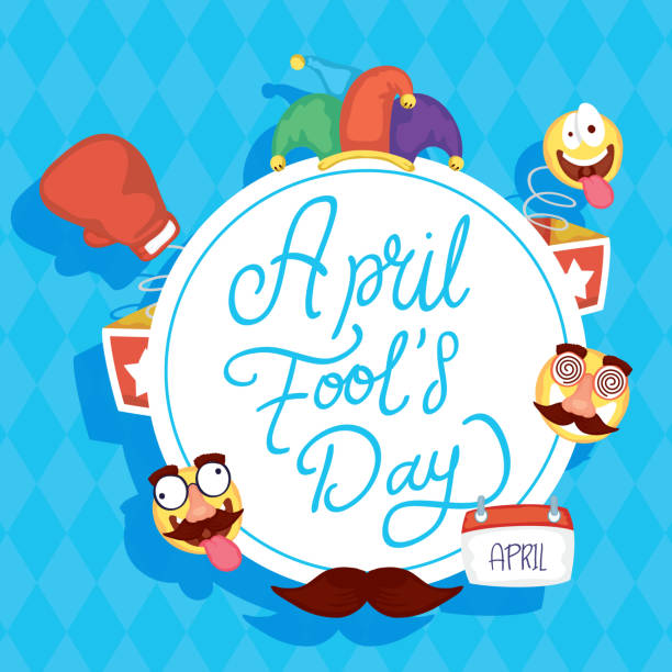happy april fools day card with circular frame and set icons happy april fools day card with circular frame and set icons vector illustration april fools day calendar stock illustrations