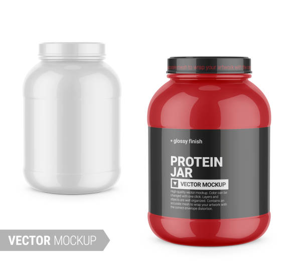 White glossy plastic protein jar mockup. Vector illustration. White glossy plastic jar with lid and label for protein, mass gainer, powder, pills. Photo-realistic packaging mockup template with sample design. Vector 3d illustration. grain and cereal products stock illustrations