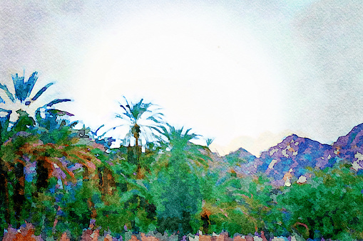 This is my Photographic Image of an Oasis Egyptian Landscape with Palm Trees in a Watercolour Effect. Because sometimes you might want a more illustrative image for an organic look.