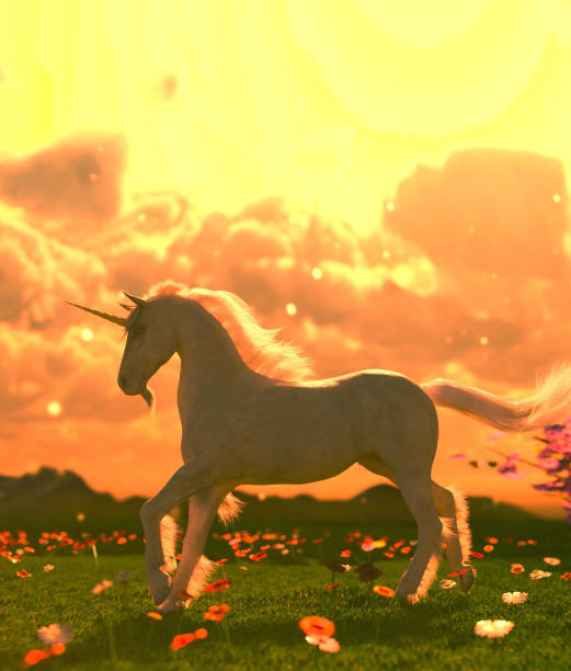 아름다운 정원에서 유니콘,3d 렌더링 - unicorn fantasy landscape animal 뉴스 사진 이미지