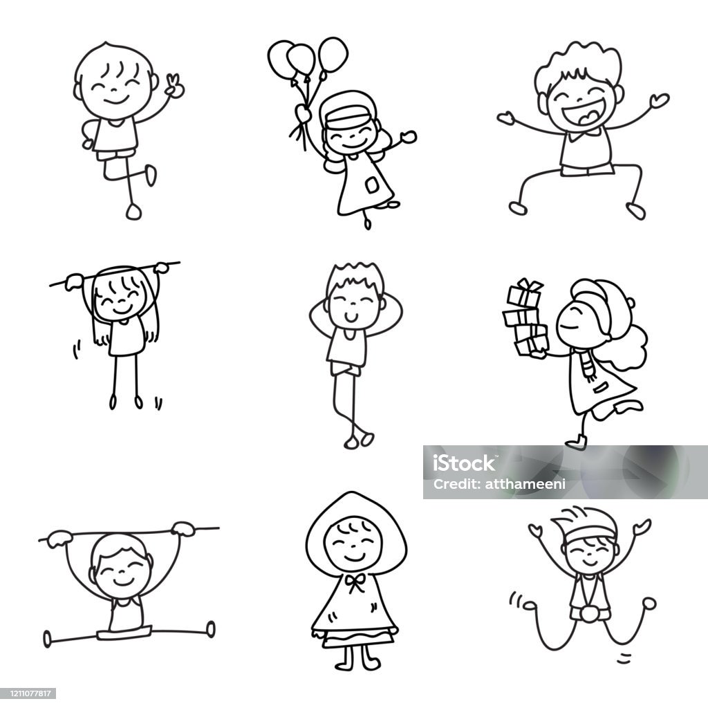 Set Of Hand Drawing Doodle Happy Kids Cartoon Character Abstract People  Match Stick Style Stock Illustration - Download Image Now - iStock