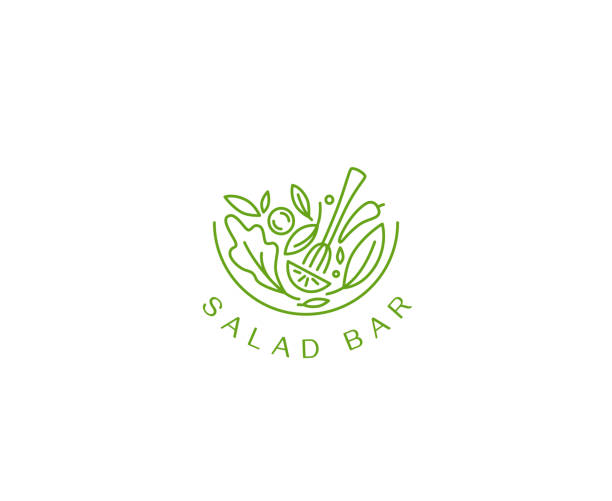 illustrations, cliparts, dessins animés et icônes de modèle de conception de logo de vecteur dans le modèle linéaire simple - emblème vert de salade - signe sain de nourriture fraîche - saladier