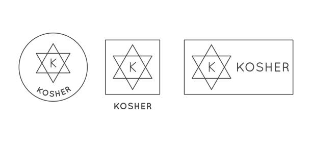 Vector design element, logo design template, icon and badge for kosher food - stamp for packaging Vector design element, logo design template, icon and badge for kosher food - stamp for packaging kosher logo stock illustrations