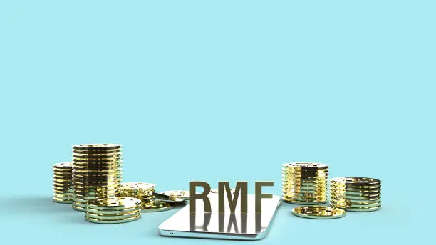 The  rmf  on mobile and  gold coins 3d rendering for business content.