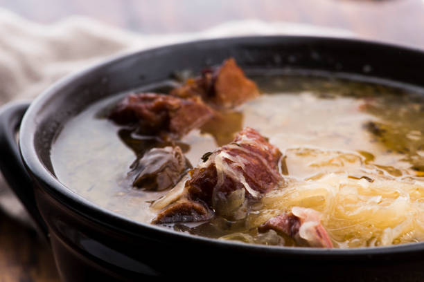 istock Cabbage soup with meat. Farm-style 1211106652