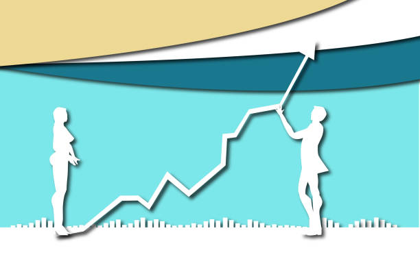 istock Business people looking up at growth chart. Going on top, way to success. Paper cut design background with space for text. 1211117461