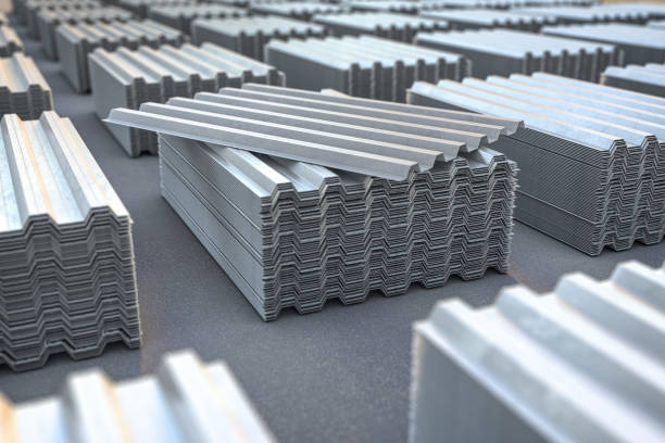 Stacks of metal corrugated sheets, steel zinc or galvanized wave shaped profile  sheets for roof construction. Stacks of metal corrugated sheets, steel zinc or galvanized wave shaped profile  sheets for roof construction. 3d illustration zinc stock pictures, royalty-free photos & images