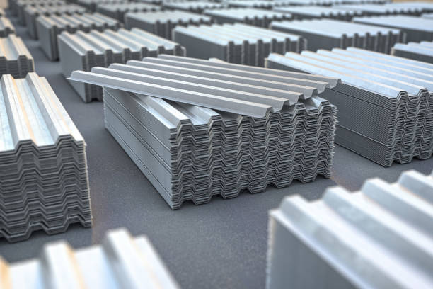 Stacks of metal corrugated sheets, steel zinc or galvanized wave shaped profile sheets for roof construction. Stacks of metal corrugated sheets, steel zinc or galvanized wave shaped profile sheets for roof construction. 3d illustration steel gutters stock pictures, royalty-free photos & images