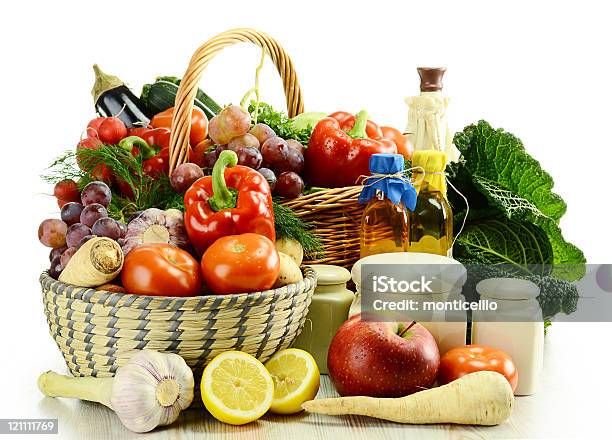 Baskets Of Raw Fruits And Vegetables On White Background Stock Photo - Download Image Now