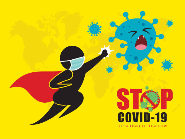 stockillustraties, clipart, cartoons en iconen met stop coronavirus (covid-19) concept art van stok figuur superman raken coronavirus - ruzie